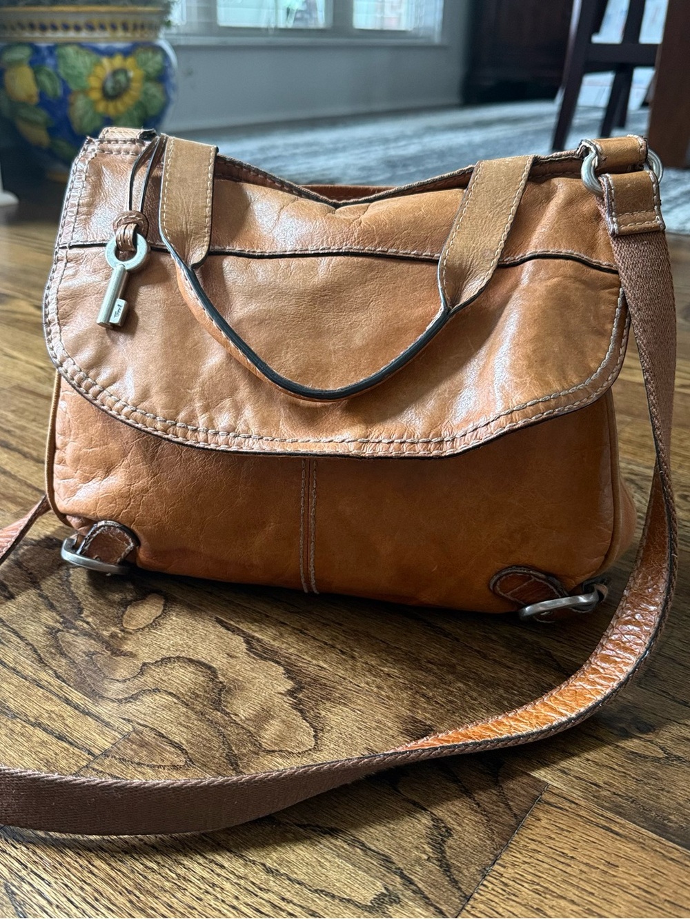 👜🔑 Fossil Convertible Leather & Canvas Crossbody Backpack Bag